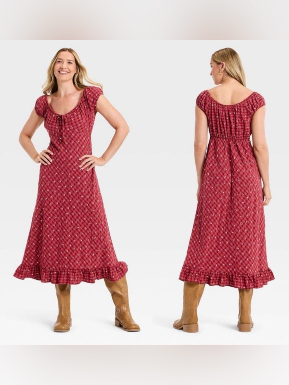 Universal Thread Red Plaid Floral Puff Sleeve A-Line Maxi Dress Size Large